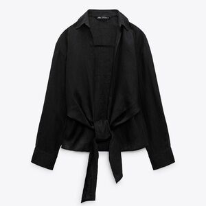Zara LINEN Black Tie-Front Shirt SIZE S